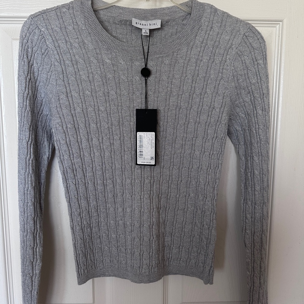 Gianni Bini Silver Sparkle Cable Knit Sweater